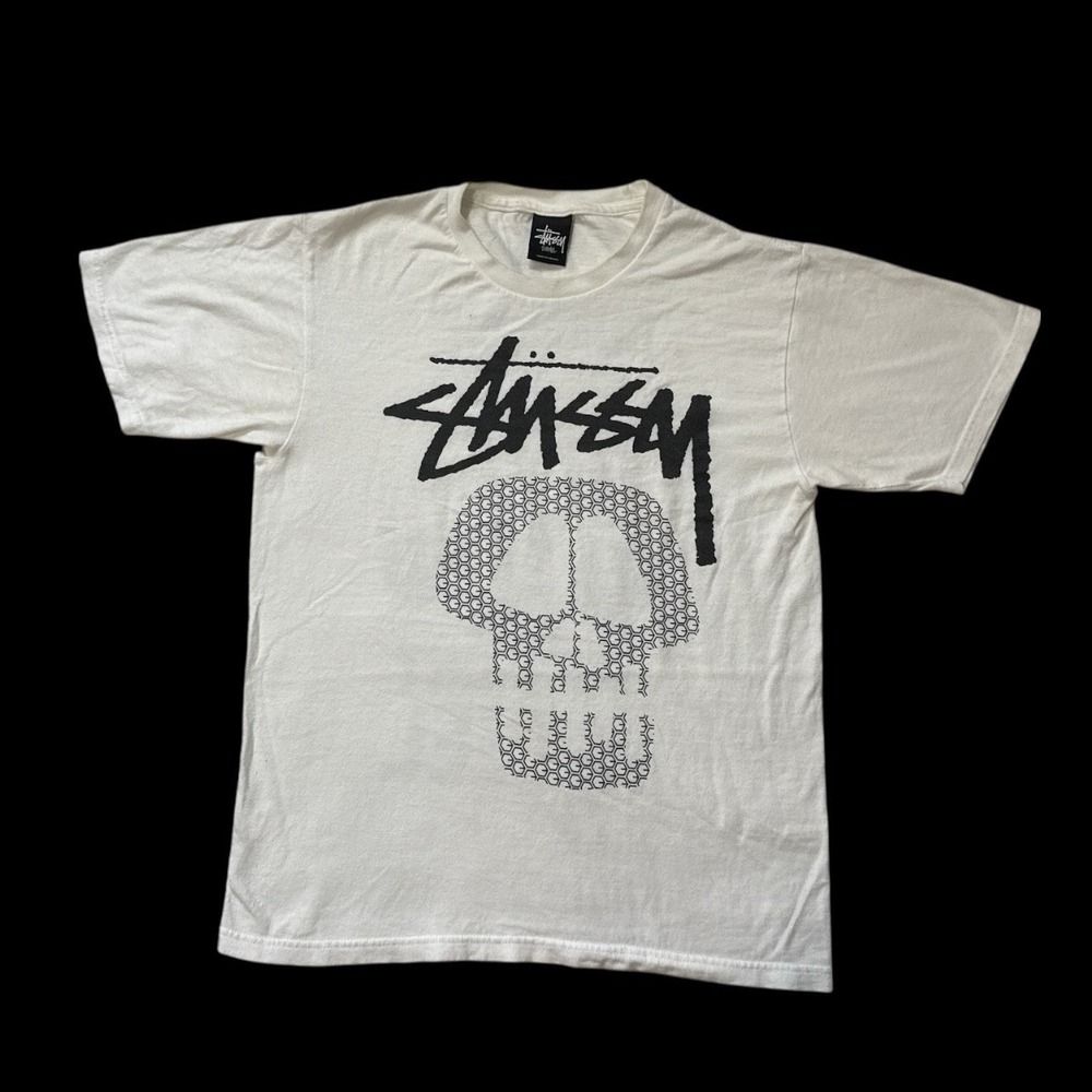 Vintage Stussy Skateboard T-Shirt Mens White‎ Big Skull Logo Fremont Steel Small
